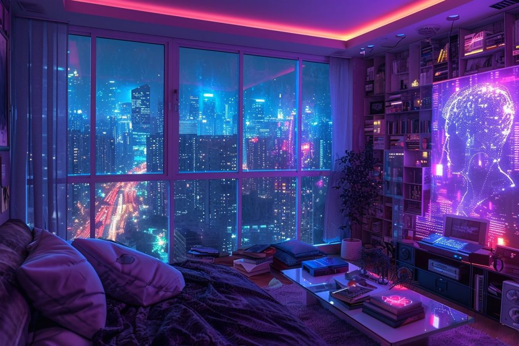 Cyberpunk Apartment Bedrooms with a City View AI Artwork 22