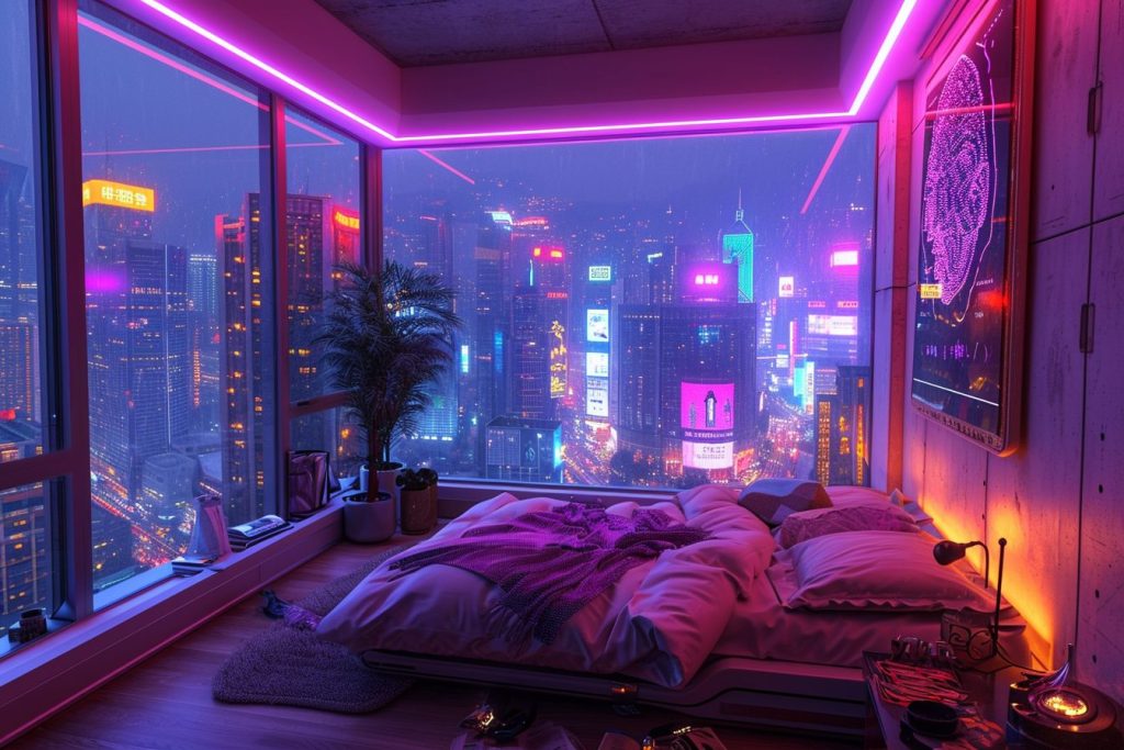 Cyberpunk Apartment Bedrooms with a City View AI Artwork 23