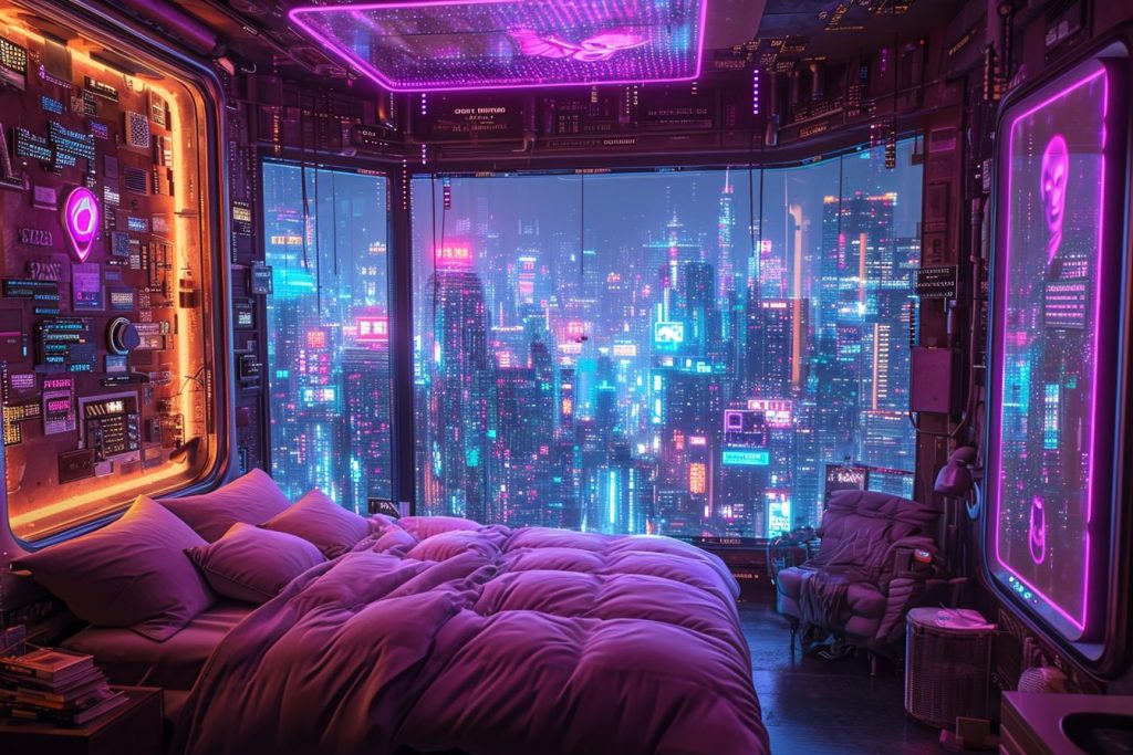 Cyberpunk Apartment Bedrooms with a City View AI Artwork 24