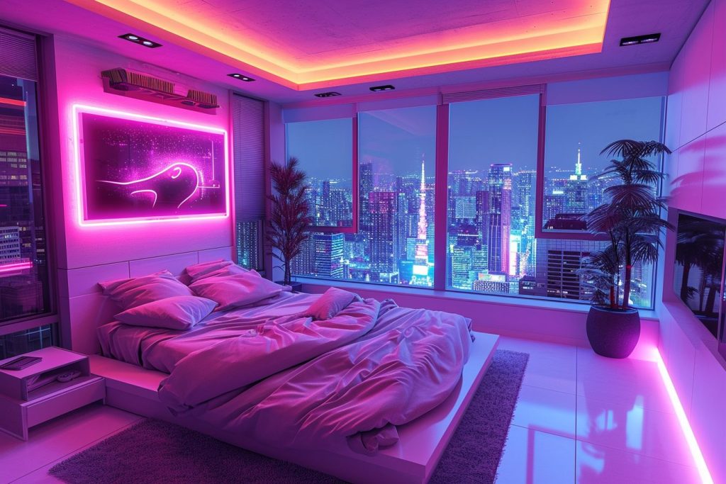 Cyberpunk Apartment Bedrooms with a City View AI Artwork 25