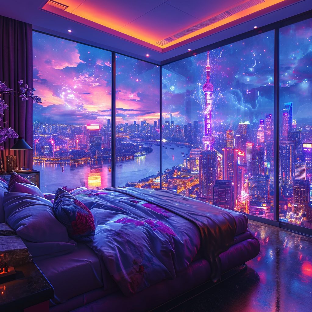 Cyberpunk Apartment Bedrooms with a City View AI Artwork 26