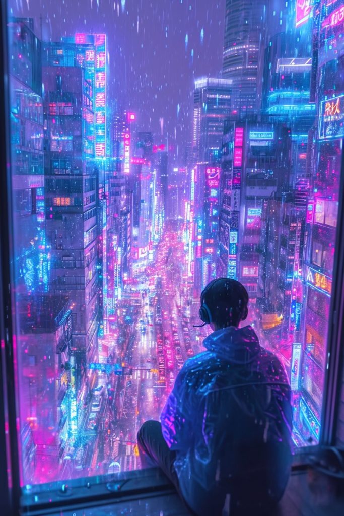 Cyberpunk Apartment Bedrooms with a City View AI Artwork 27