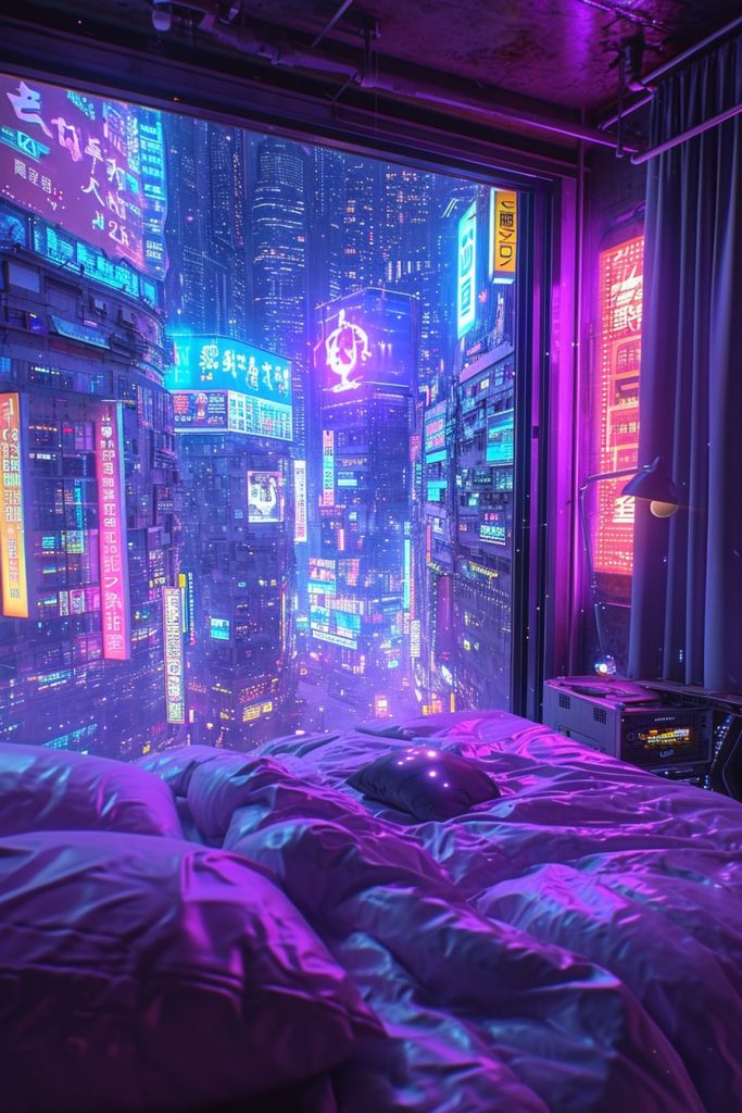 Cyberpunk Apartment Bedrooms with a City View AI Artwork 28