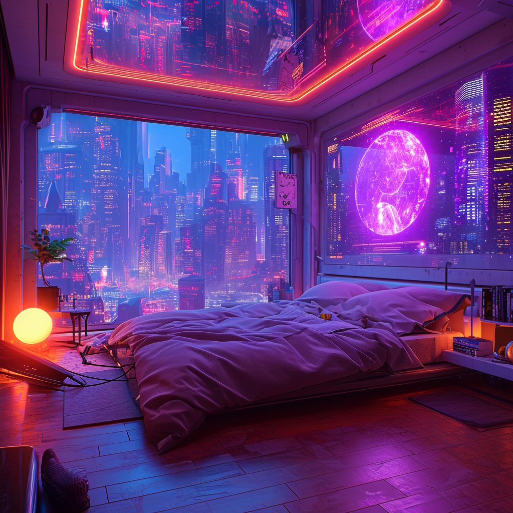 Cyberpunk Apartment Bedrooms with a City View
