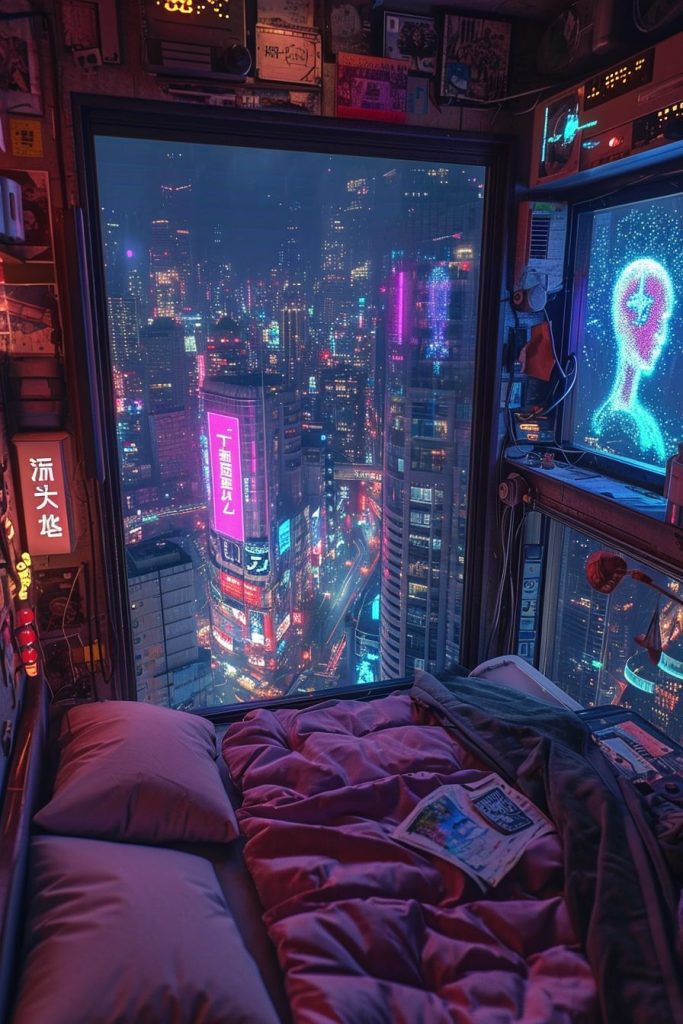Cyberpunk Apartment Bedrooms with a City View AI Artwork 30