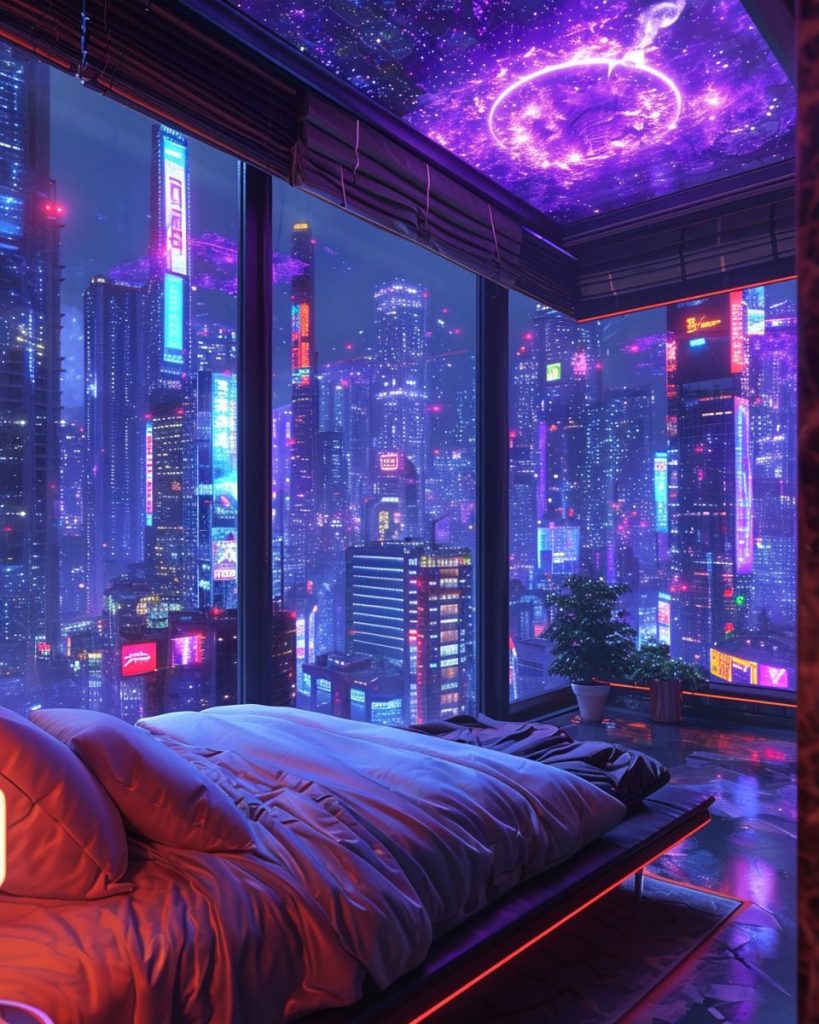 Cyberpunk Apartment Bedrooms with a City View AI Artwork 31