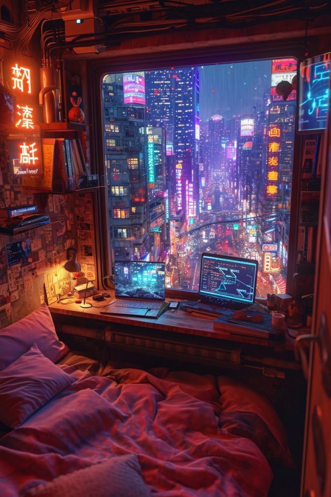 Cyberpunk Apartment Bedrooms with a City View AI Artwork 32