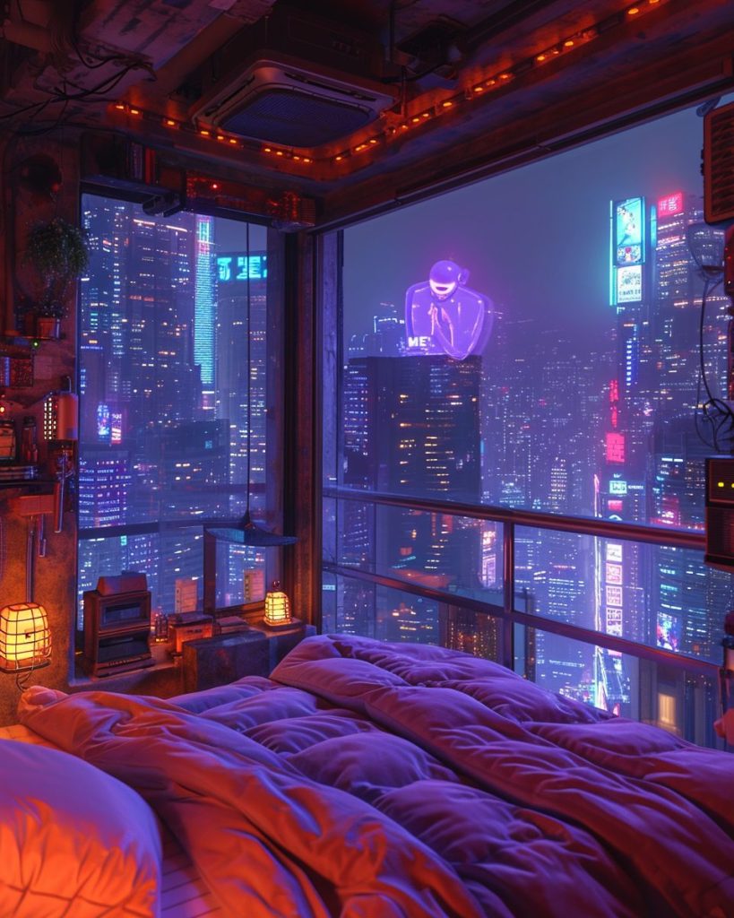 Cyberpunk Apartment Bedrooms with a City View AI Artwork 33