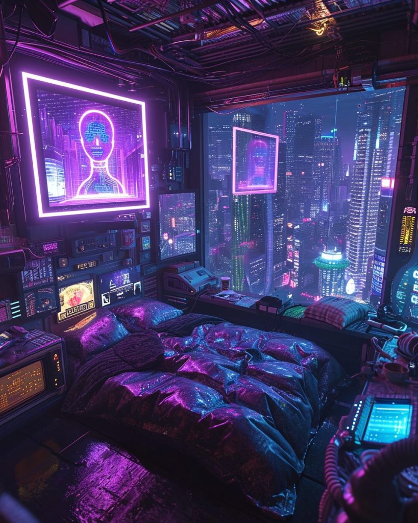 Cyberpunk Apartment Bedrooms with a City View AI Artwork 34