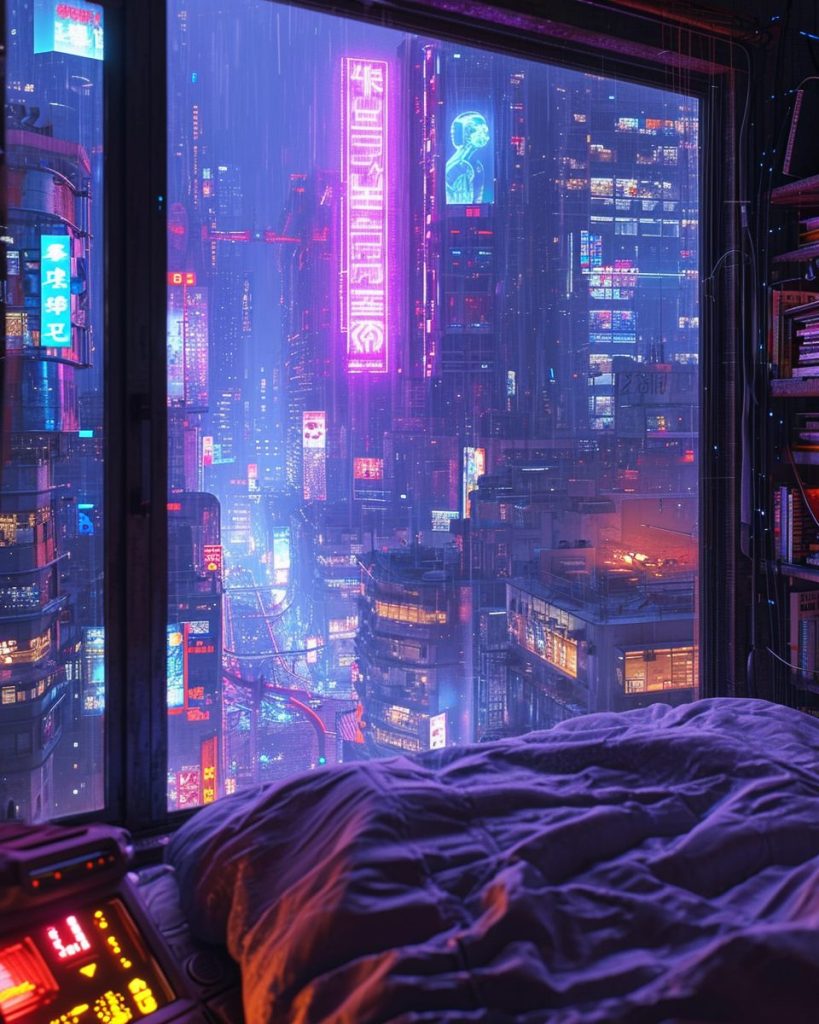 Cyberpunk Apartment Bedrooms with a City View AI Artwork 36