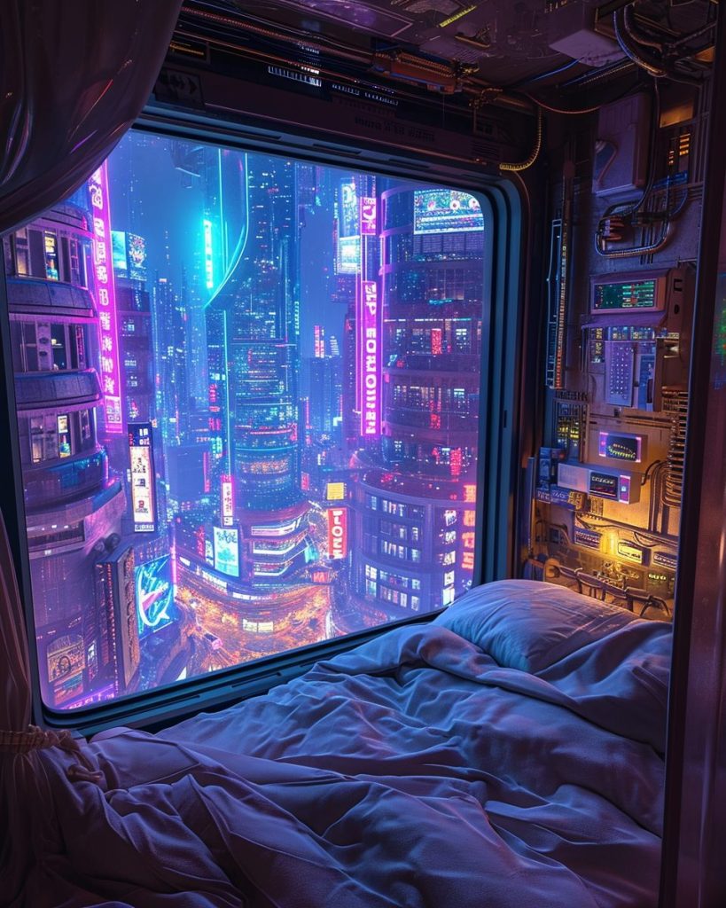 Cyberpunk Apartment Bedrooms with a City View AI Artwork 37