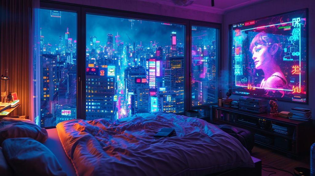 Cyberpunk Apartment Bedrooms with a City View AI Artwork 3