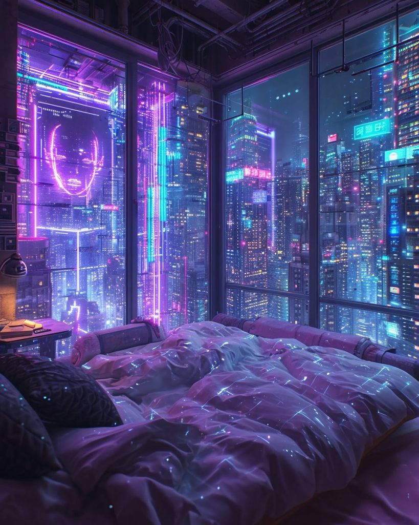 Cyberpunk Apartment Bedrooms with a City View AI Artwork 4