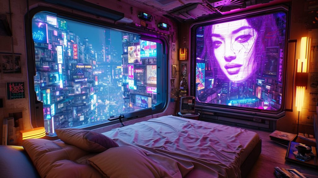 Cyberpunk Apartment Bedrooms with a City View AI Artwork 5