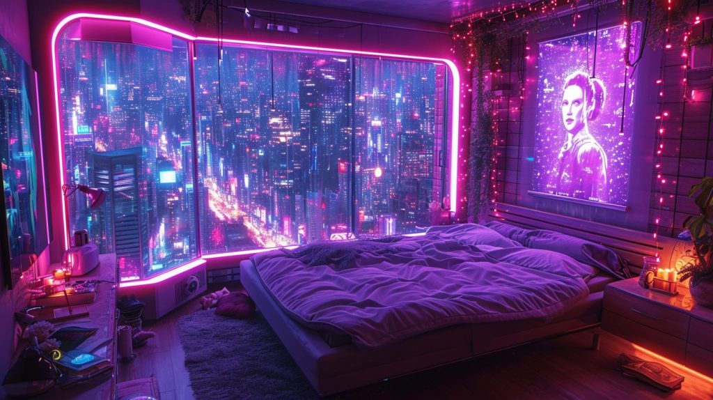 Cyberpunk Apartment Bedrooms with a City View AI Artwork 7
