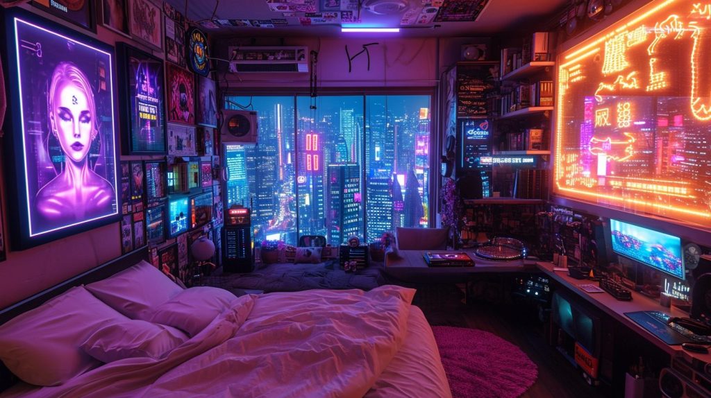 Cyberpunk Apartment Bedrooms with a City View AI Artwork 8
