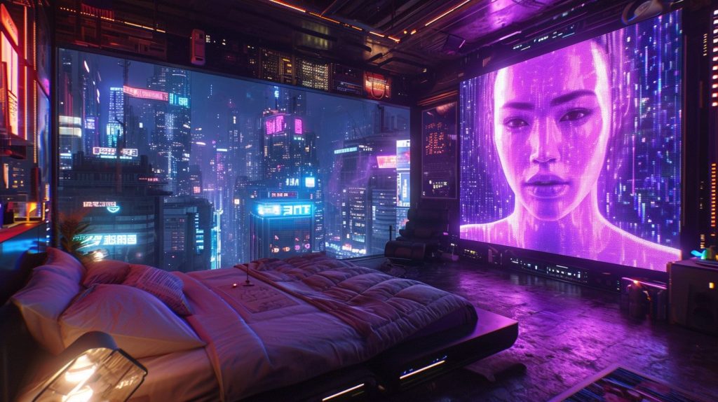 Cyberpunk Apartment Bedrooms with a City View AI Artwork 9