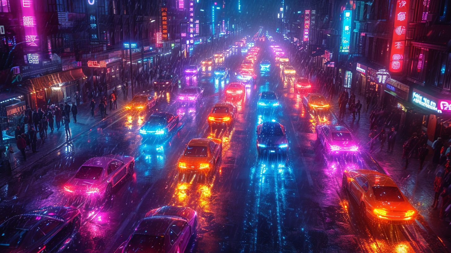 Neon Cars and Colors of Cyberpunk City