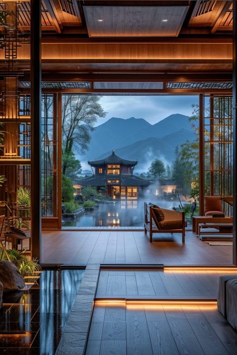 Rustic Chinese Scene Rustic Chinese-Style House Interior with a View of a Mountain Village
