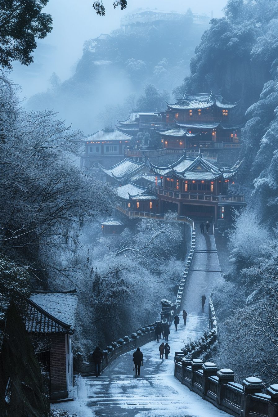 Ancient Chinese Architecture Buildings On Snow Covered Mountains Ancient chinese architecture buildings on snow covered mountains