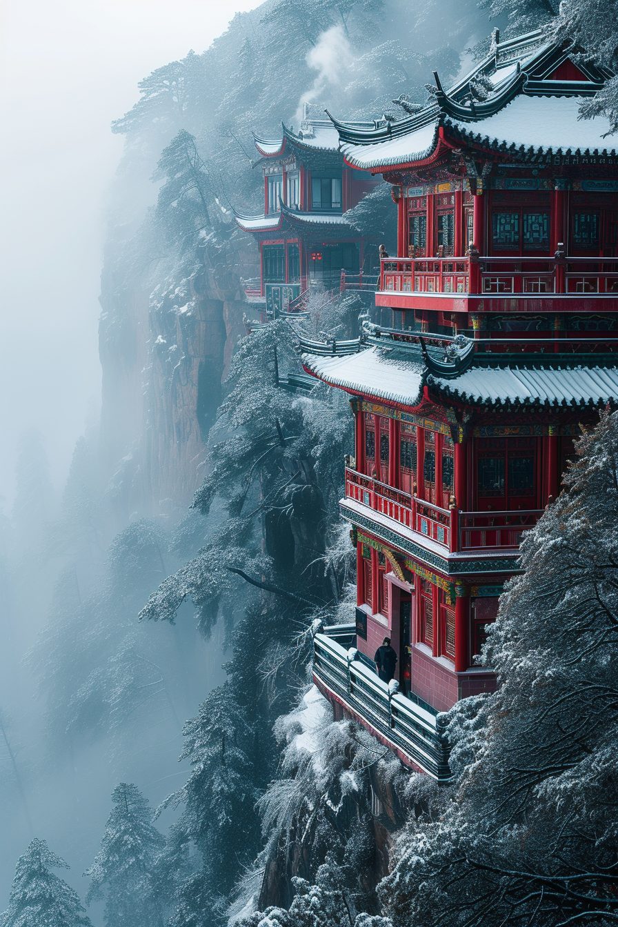 Ancient Chinese Architecture Buildings On Snow Covered Mountains Ancient chinese architecture buildings on snow covered mountains