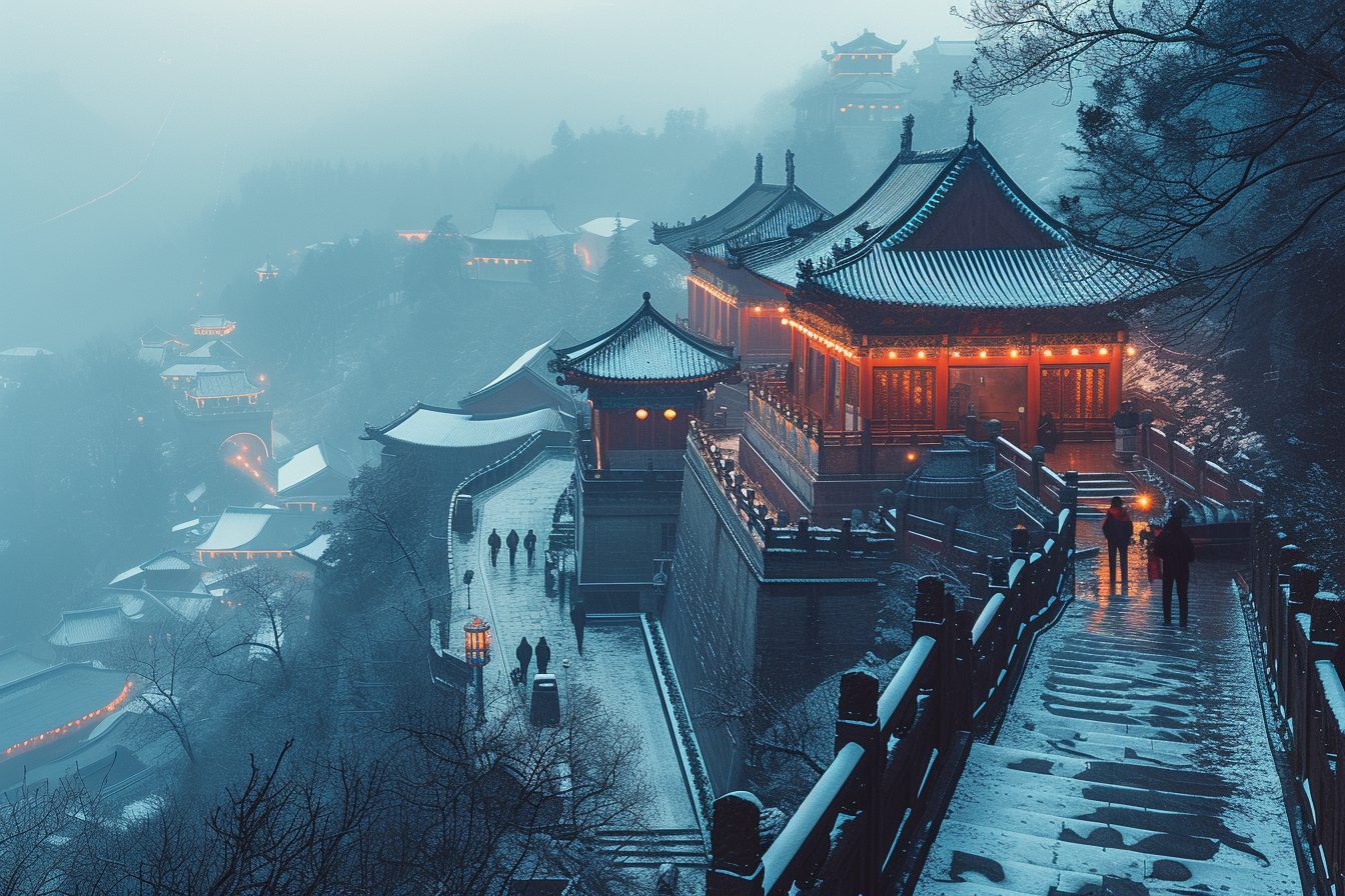 Ancient Chinese Architecture Buildings On Snow Covered Mountains Ancient chinese architecture buildings on snow covered mountains