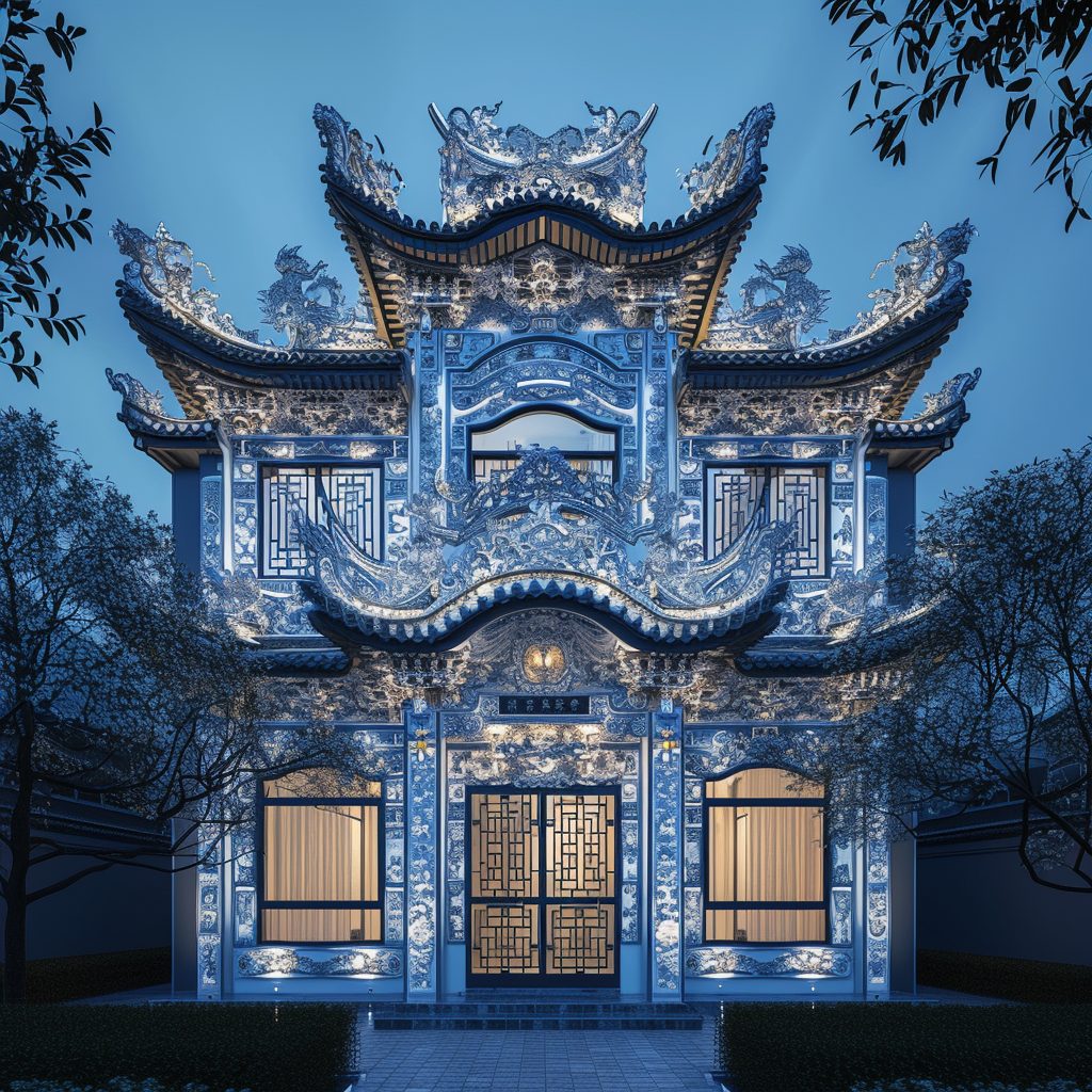 Blue and White Neon Traditional Chinese-Style House AI Artwork AI Artwork 16