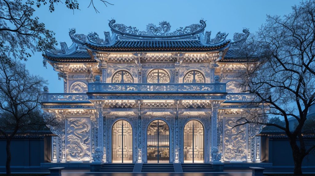 Blue and White Neon Traditional Chinese-Style House AI Artwork AI Artwork 19