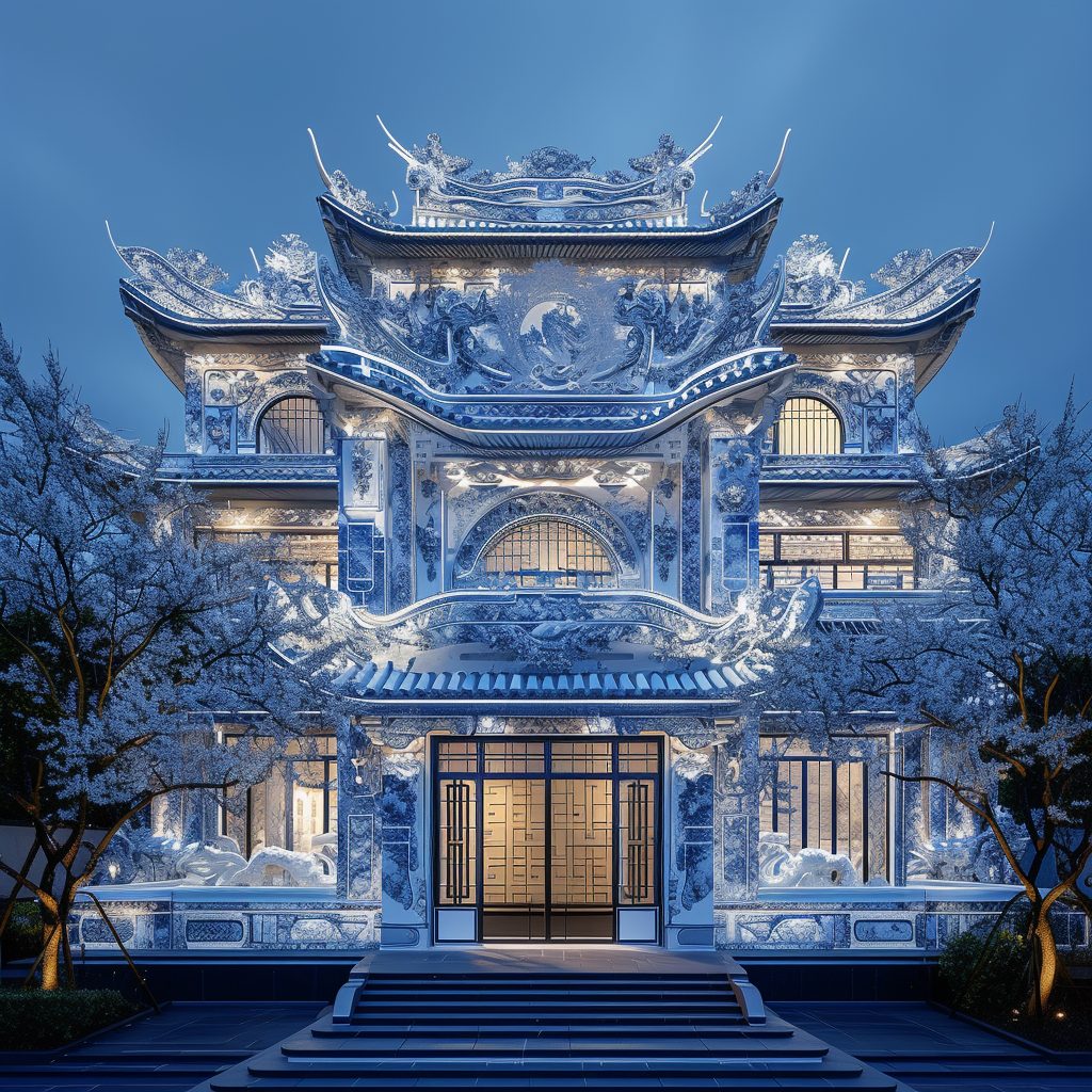 Blue and White Neon Traditional Chinese-Style House AI Artwork AI Artwork 20