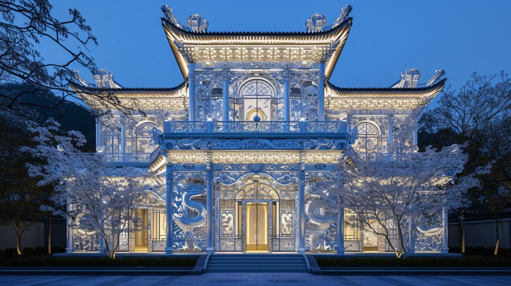 Blue and White Neon Traditional Chinese-Style House AI Artwork AI Artwork 7