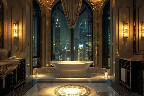 Image showcasing Luxurious Bathroom Interior With A City View