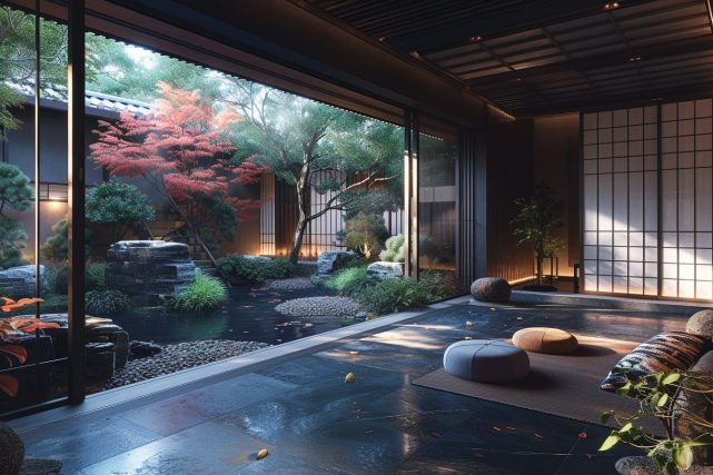 Modern Japanese Style Houses with Courtyard Gardens AI Artwork