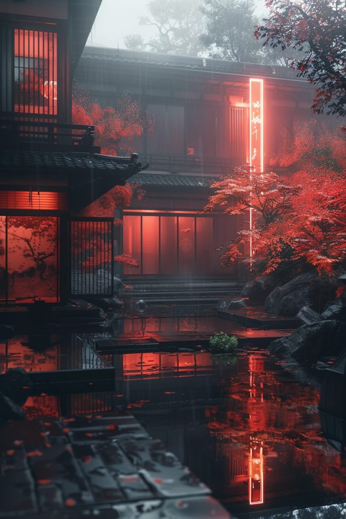 Japanese Architectural Style with Red and Orange Neon Lights AI Artwork 10