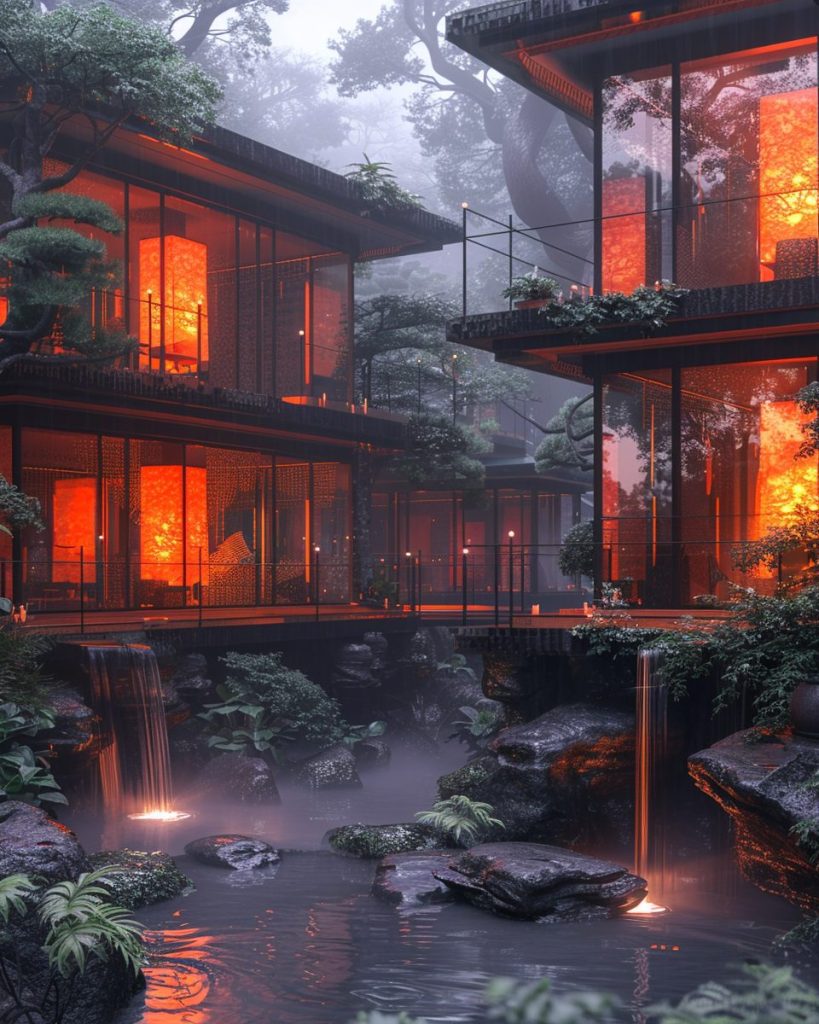 Japanese Architectural Style with Red and Orange Neon Lights AI Artwork 11