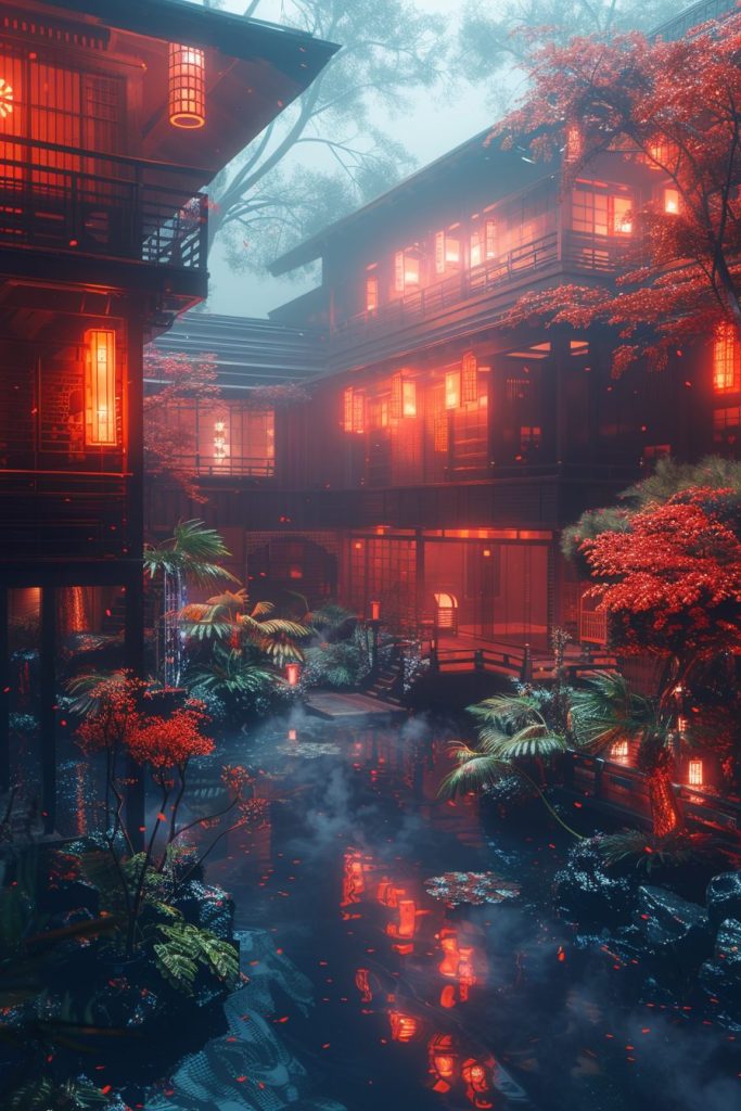 Japanese Architectural Style with Red and Orange Neon Lights AI Artwork 13