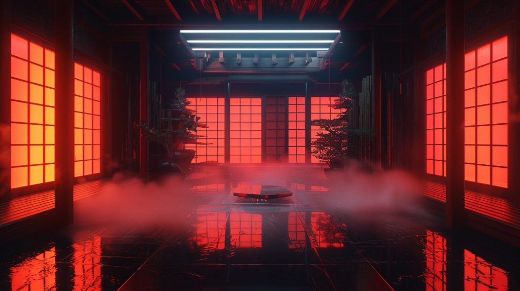 Japanese Architectural Style with Red and Orange Neon Lights AI Artwork 14