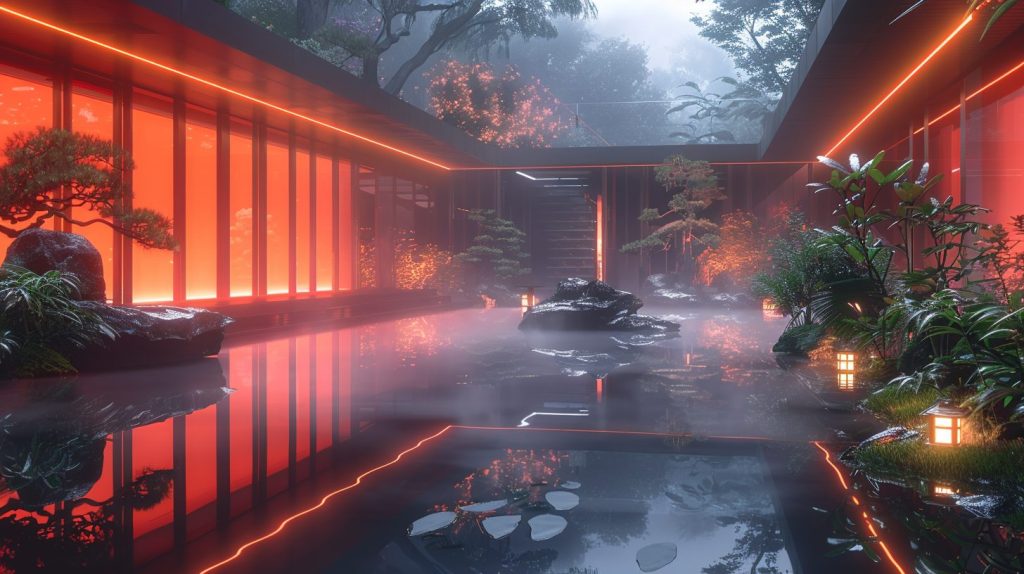 Japanese Architectural Style with Red and Orange Neon Lights AI Artwork 17