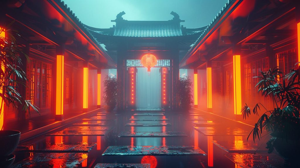 Japanese Architectural Style with Red and Orange Neon Lights AI Artwork 18