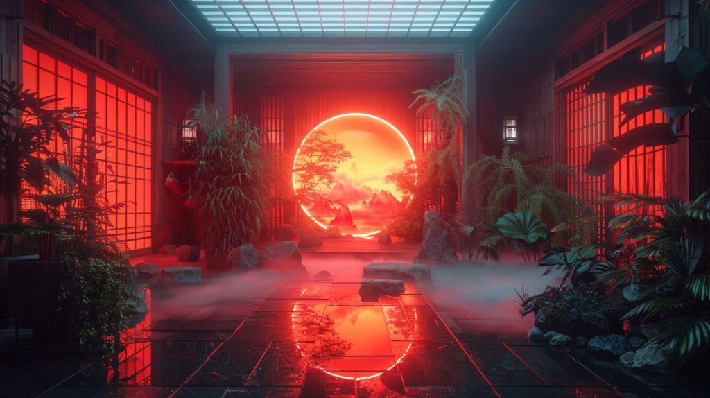 Japanese Architectural Style with Red and Orange Neon Lights AI Artwork 19