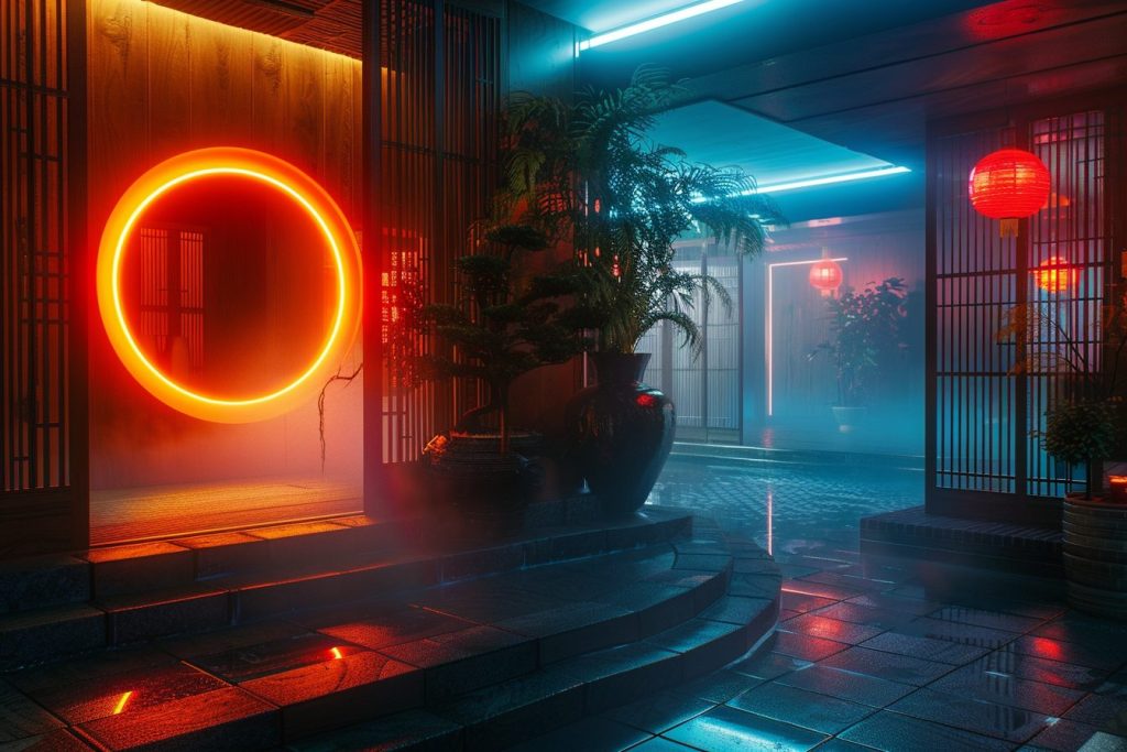 Japanese Architectural Style with Red and Orange Neon Lights AI Artwork 2