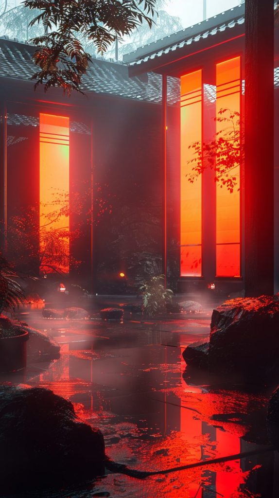 Japanese Architectural Style with Red and Orange Neon Lights AI Artwork 3
