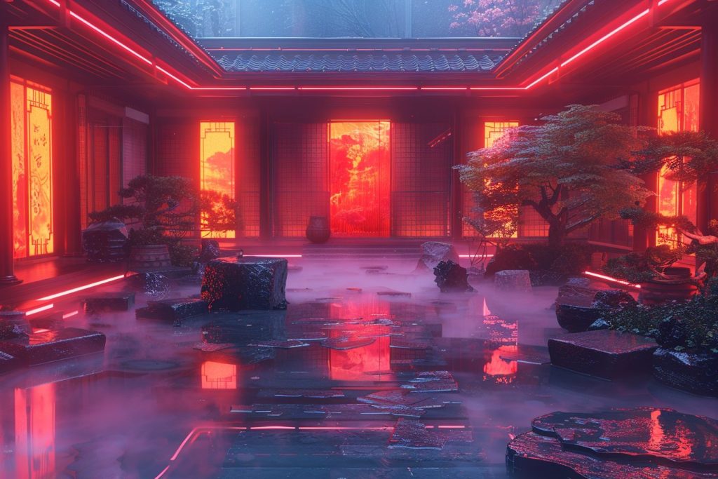 Japanese Architectural Style with Red and Orange Neon Lights AI Artwork 4