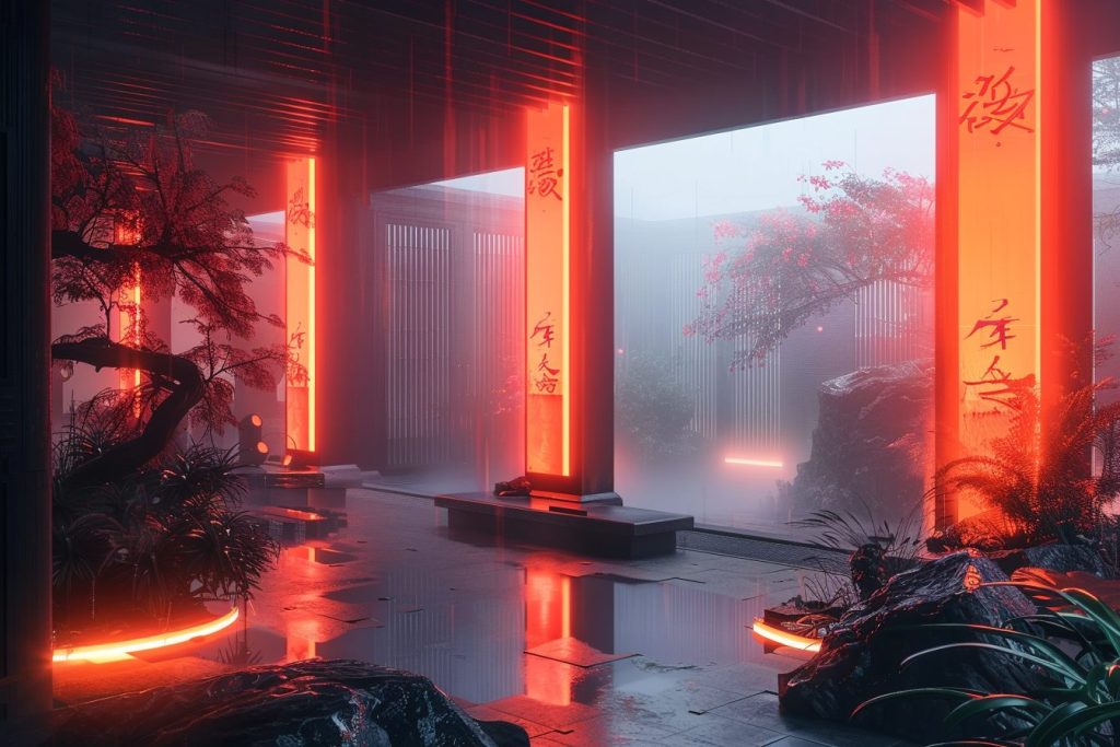 Japanese Architectural Style with Red and Orange Neon Lights AI Artwork 5