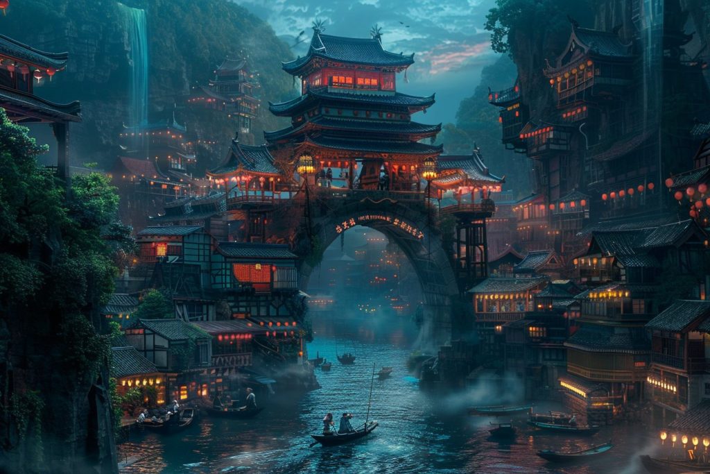 Oriental-Style Arch Buildings Above the River AI Artwork 10
