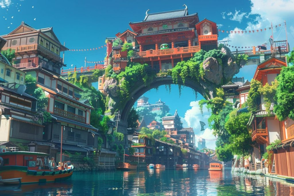 Oriental-Style Arch Buildings Above the River AI Artwork 12