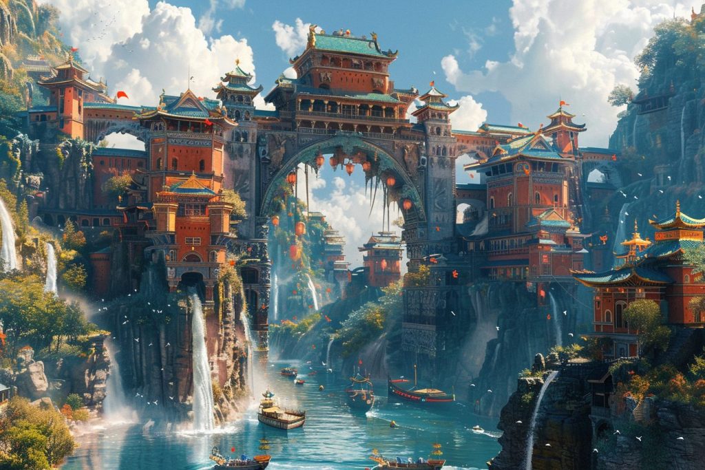 Oriental-Style Arch Buildings Above the River AI Artwork 13