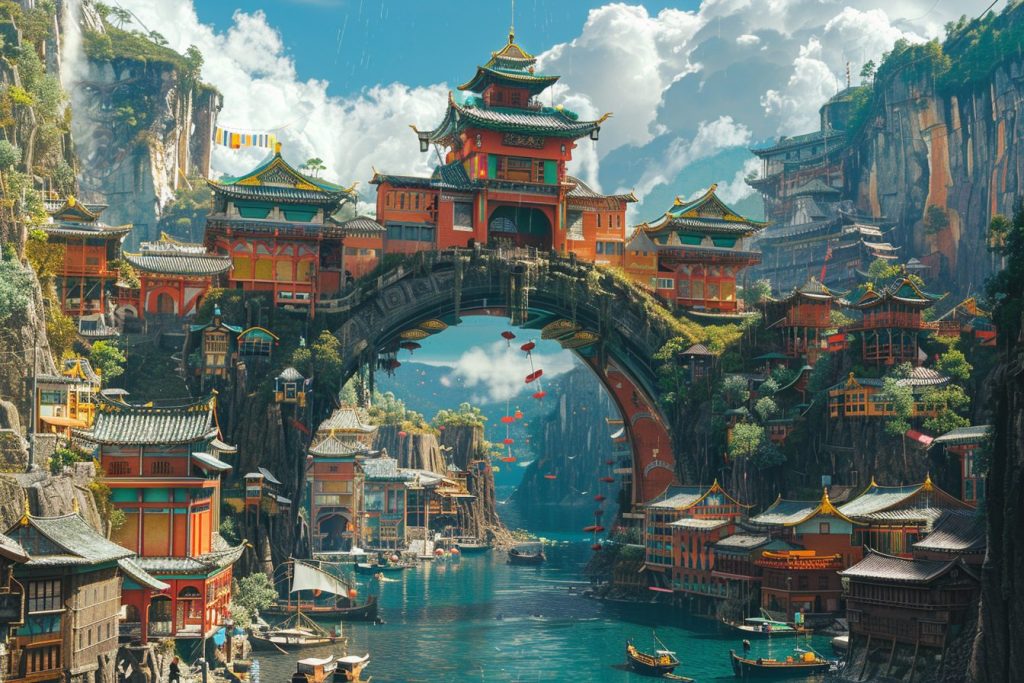 Oriental-Style Arch Buildings Above the River AI Artwork 15