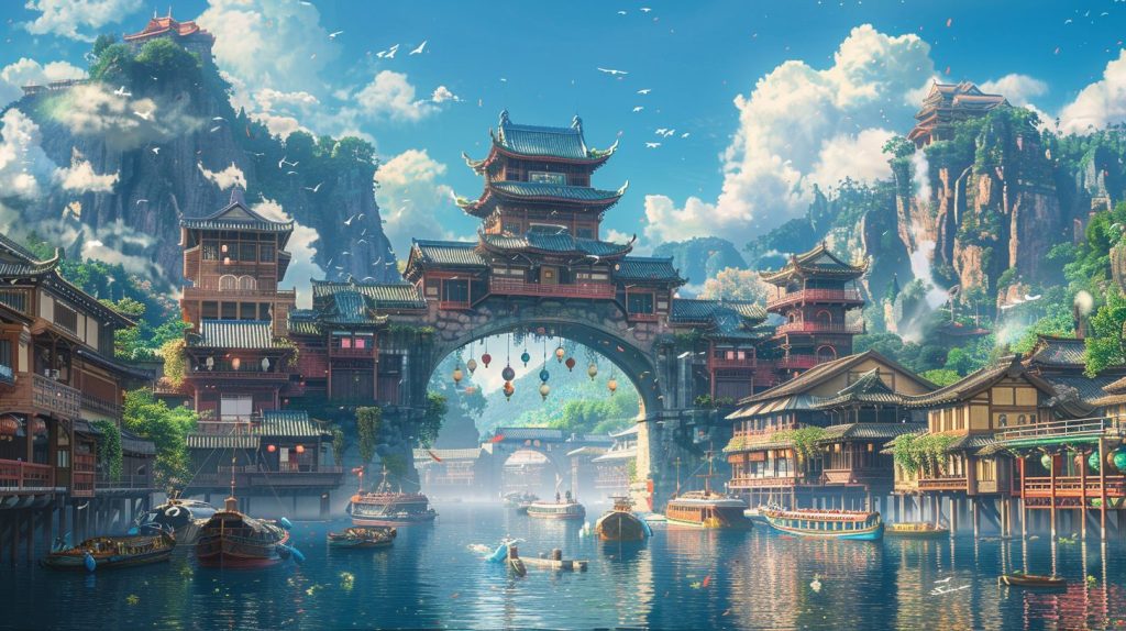 Oriental-Style Arch Buildings Above the River AI Artwork 4