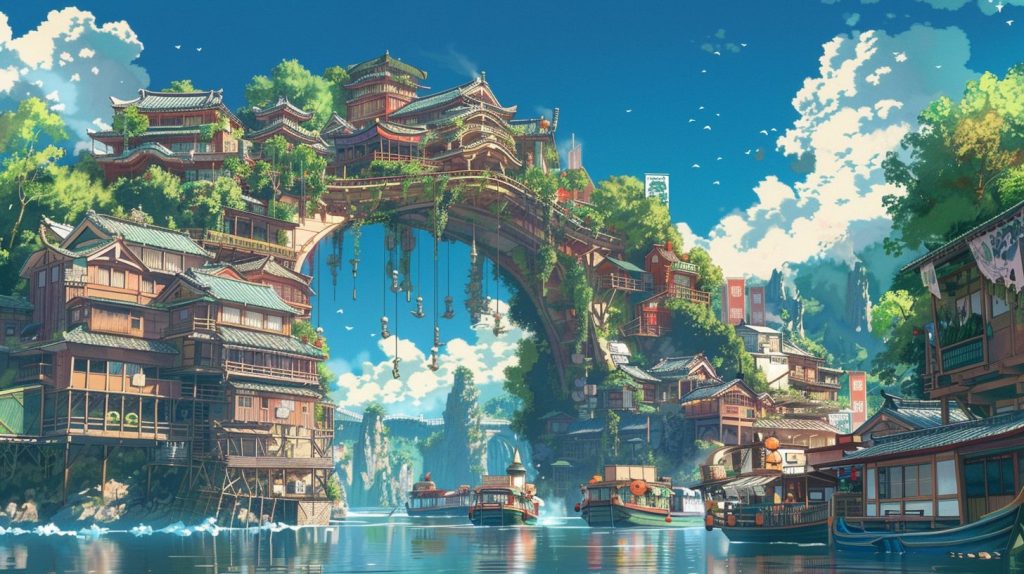 Oriental-Style Arch Buildings Above the River AI Artwork 5