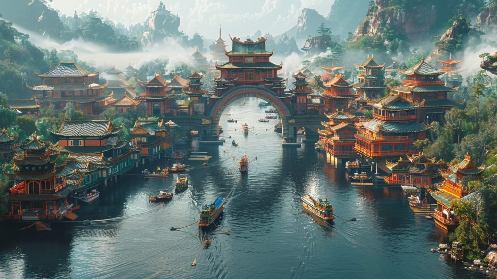 Oriental-Style Arch Buildings Above the River AI Artwork 6